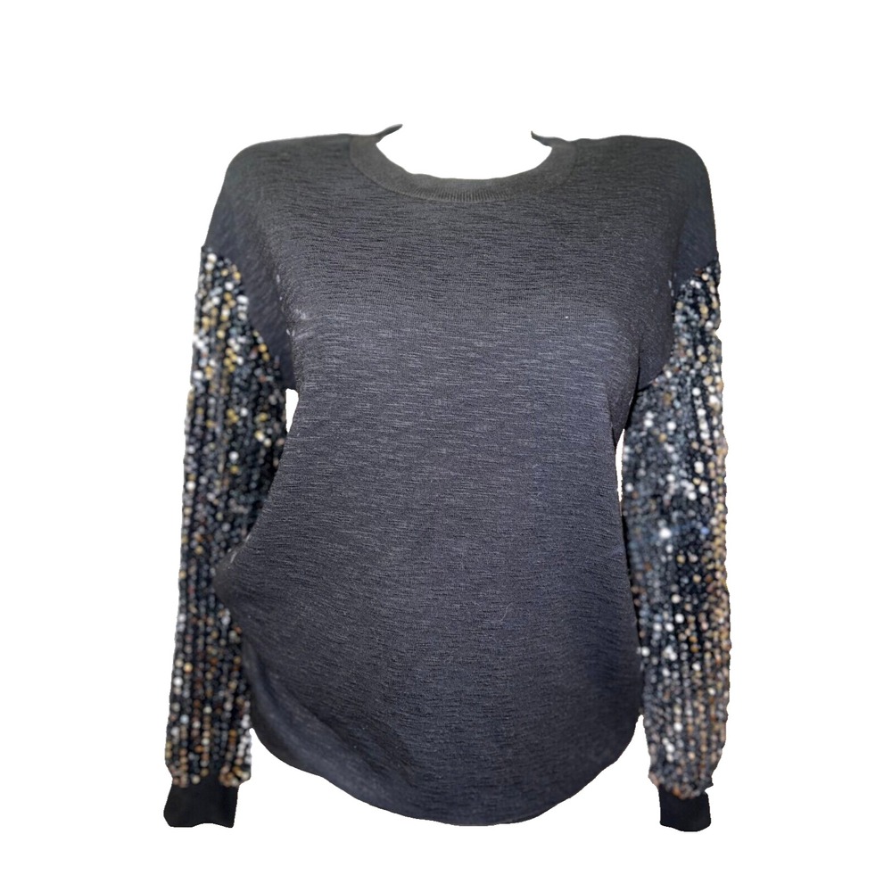 Weekend Suzanne Betro Top Women Black Sequin Sleeve Knit Shirt Sweatshirt Size S